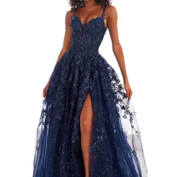 NEW ELLIE WILDE appliqué corset glitter tulle a-line gown in navy - Picture 2 of 2